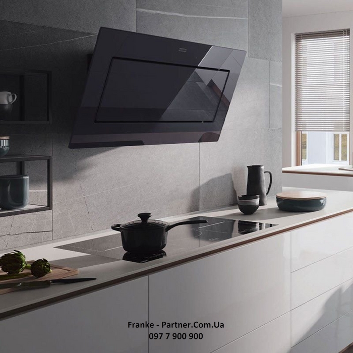 Franke-Partner.com.ua ➦  Кухонная вытяжка Franke Mythos FMY 907 MG BK (330.0593.253) чёрное стекло + узор - настенный монтаж, 90 см